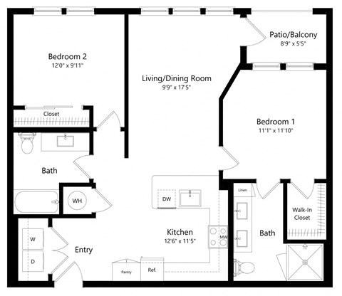 Floor plan for 2 beds, 2 baths, 996 sqft
